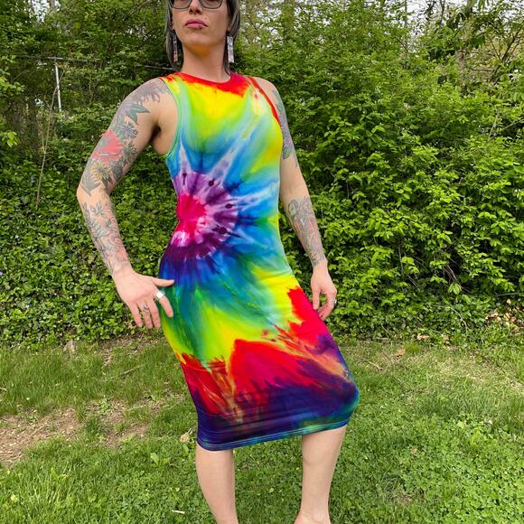 Ice Dyed Rainbow Dress - Sleeveless Tank Bodycon - Vibrant (Women's Small) - Picture 5 of 10